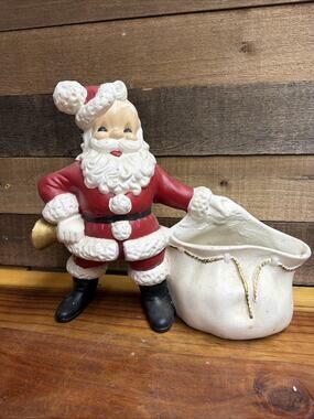 Vintage Atlantic Mold Co Ceramic Santa Claus Planter with Toy Bag Bell Christmas